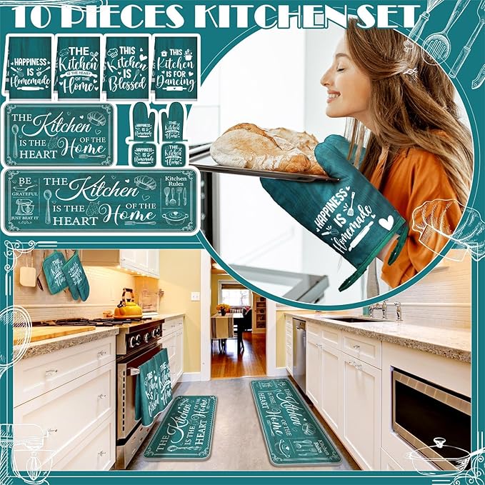 Fourluoo 10 Pcs Farmhouse Kitchen Decor and Accessories Set 4 Kitchen Towels 2 Pot Holders 2 Oven Mitts 2 Rugs for Cooking Baking Mom Housewarming Gifts(Light Blue,Classic Style) - Image 2