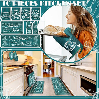 Fourluoo 10 Pcs Farmhouse Kitchen Decor and Accessories Set 4 Kitchen Towels 2 Pot Holders 2 Oven Mitts 2 Rugs for Cooking Baking Mom Housewarming Gifts(Light Blue,Classic Style) - Image 2