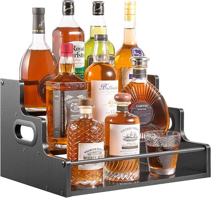 YQBRAO 3-Tier Liquor Bottle Display Shelf,Coffee Syrup Rack Organizer,Water Bottle Organizer, Mini Bar Cabinet, Rustic Bar Shelves for for Liquor Whiskey, Spirits（Black）