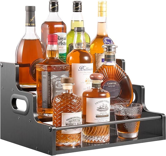 YQBRAO 3-Tier Liquor Bottle Display Shelf,Coffee Syrup Rack Organizer,Water Bottle Organizer, Mini Bar Cabinet, Rustic Bar Shelves for for Liquor Whiskey, Spirits（Black）