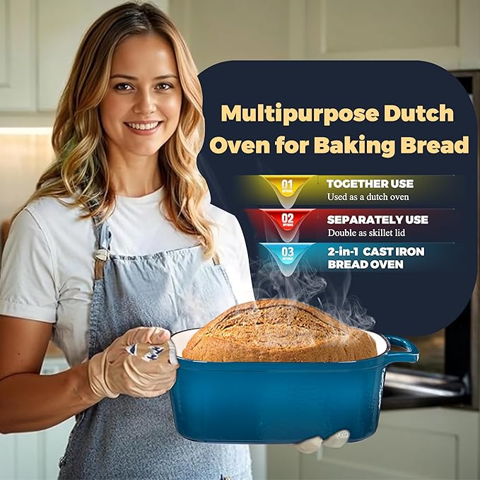 4.6 Quart Dutch Oven for Sourdough Bread Baking, Combo Oval Enameled Cast Iron Bread Pan with Lid, Bread Dutch Oven for a Crispy Crust, Teal - Image 8