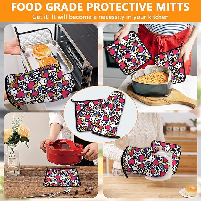 Paw Prints Oven Mitts and Pot Holders Sets 4Pcs,Extra Long Oven Gloves Potholder for Kitchen Cooking Baking BBQ 100% Cotton Heat Resistant - Image 7