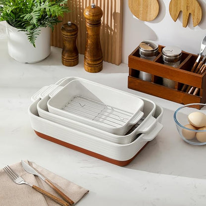 MALACASA Casserole Dishes for Oven with Roasting Racks, Ceramic Baking Dishes Set of 3, Baking Pan Casserole Dish Set, Rectangular Lasagna Pan Deep with Handles for Baking, Khaki White (14.5''/13''/10.5''), Series TARA - Image 8