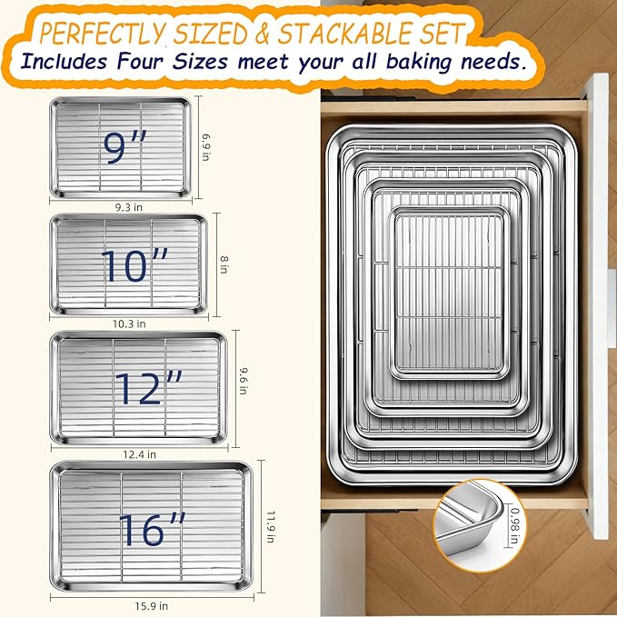 Baking Sheet Pan Set of 8, CEKEE Stainless Steel Cookie Sheets for Baking with Cooling Rack, Small/Quarter/Jelly Roll Pans, 9/10/12/16 Inch, 0.8mm Thick Heavy Duty & Non Toxic & Easy Clean - Image 3