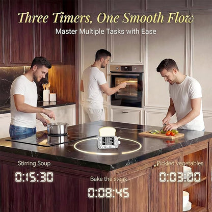 Digital Kitchen Timer for Cooking - 3-Channel Magnetic Countdown Timers with Memory Preset for Baking, Toaster, Eggs Includes Memo Notes (Silver)