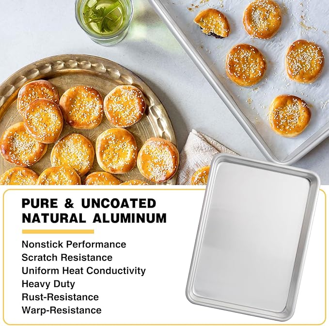Commercial Quality Baking Sheet Pan Set, Natural Aluminum Cookie Sheet, Umite Chef Encapsulated Galvanized Steel Rim Warp Resistant Baker's Quarter Sheet Pan, Cookie Tray Pans for Baking, Roasting - Image 2