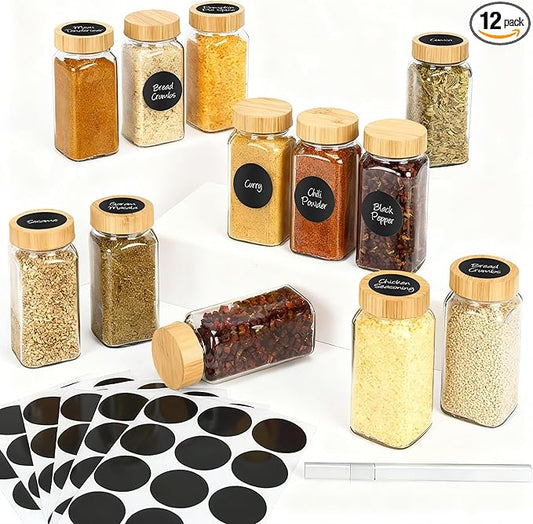 12Pcs Spice Jars with Label, 4oz Empty Square Seasoning Containers, Spice Jars with Shaker Lids, Small Spice Bottles for Salt, Herbs, Sugar, Pepper, Seasoning Jars for Spice Rack, Cabinet, or Drawer by DIDITIME