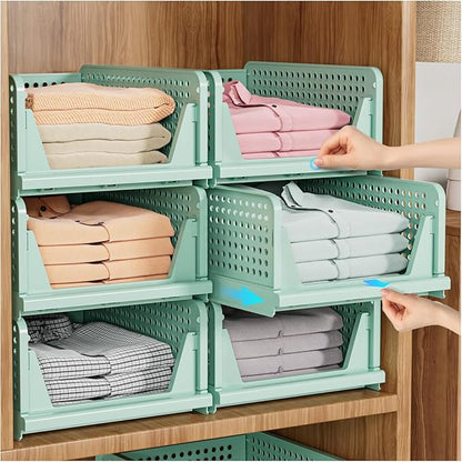 SNSLXH 5 Pack Stackable Closet Organizer Box, Multifunctional & Foldable Closet Storage Basket for Bathroom Kitchen Laundry Room Wardrobe Storage, Space-Saving Clothes Storage Drawer Organizer, Green by SNSLXH