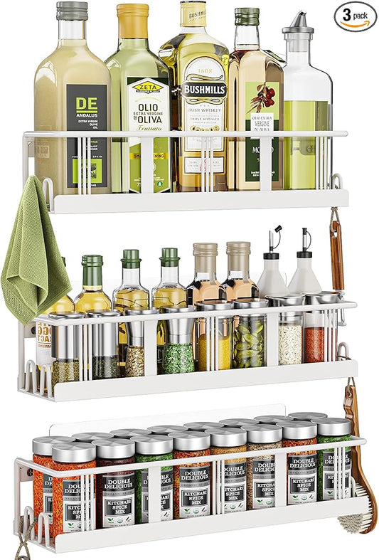 Bunoxea Spice Rack Wall Mounted 3 Pack, Space-Saving Spice Organizer for Spice Jars and Seasonings,Screw or Adhesive Hanging Spice Rack Organizer for Your Kitchen Cabinet,or Pantry Door White