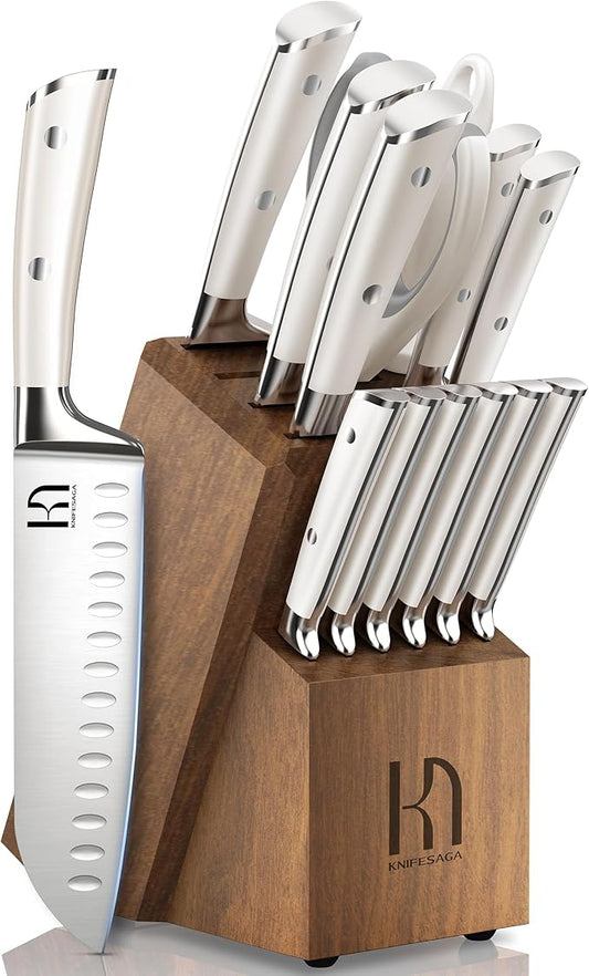 KnifeSaga Kitchen Knife Set Premium, Japanese High Carbon Stainless Steel 15 Pcs Enduring Ultra Sharp Knife Block Set with Sharpener and Wood Block, Professional White Chef Knives set for Kitchen