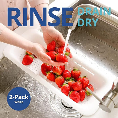 BLUE GINKGO Over the Sink Colander Strainer Basket - Wash Vegetables and Fruits, Drain Cooked Pasta and Dry Dishes - Extendable - New Home Kitchen Essentials (White, 2 Pack) - Image 2