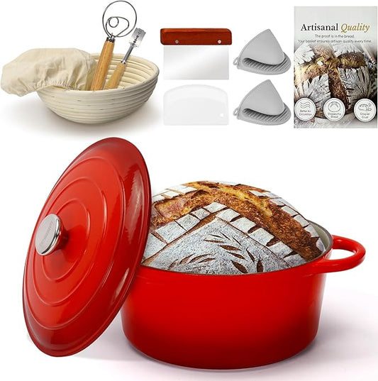 5QT Enameled Cast Iron Dutch Oven for Bread Baking with Lid, Sourdough Baking Supplies with Proofing Basket, Bread Making Tools Set, Heavy-Duty Cookware for Braising, Stews, Roasting(Red)