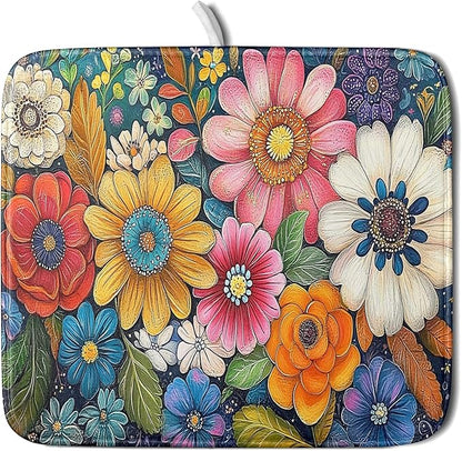 Giwawa Boho Flower Dish Drying Mat, Colorful Floral Leaf Dish Drainer Mats, Rustic Wildflower Plant Botanical Reversible Dish Drying Rack Pad Protector for Kitchen Countertop Decor, 16"x18"