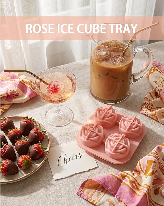 Rose Ice Cube Tray, 4 Cavity 3D Flower Shaped Silicone Ice Mold for Whiskey, Cocktails & Iced Coffee, Novelty Ice Cube Mold for Home Bar & Party Drinks (2Pcs)
