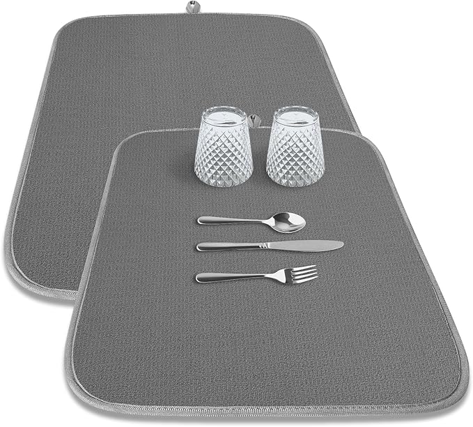 Kitsure Dish Drying Mat - 2-Pack Washable Microfiber Drying Mat for Kitchen Counter, 3-Layer Ultra Absorbent Pad with a Hanging Hook, 24" x 18", Dark Grey by Kitsure