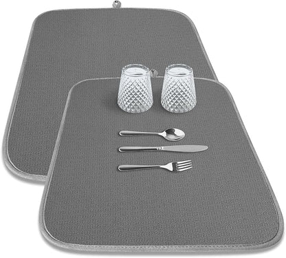 Kitsure Dish Drying Mat - 2-Pack Washable Microfiber Drying Mat for Kitchen Counter, 3-Layer Ultra Absorbent Pad with a Hanging Hook, 24" x 18", Dark Grey by Kitsure