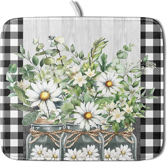 Spring Summer White Daisy Flowers Dish Drying Mat for Kitchen Counter Daisy Spring Flowers Dish Drying Mat 16x18 Inch Absorbent Reversible Microfiber Protector Drainer Mat Dishes Pad for Countertops