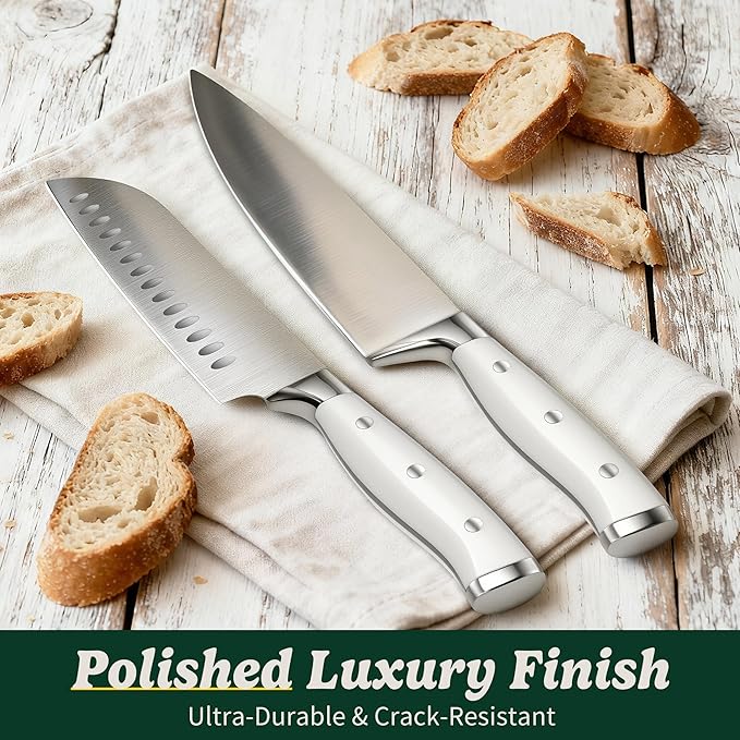 Knife Set, 15 Piece Premium Chef High Carbon Stainless Steel Kitchen Knife Block Set, Razor-sharp, Ergonomic Forged Triple Rivet Handle, Professional Knife Set for Kitchen, Dishwasher Safe(White) - Image 7