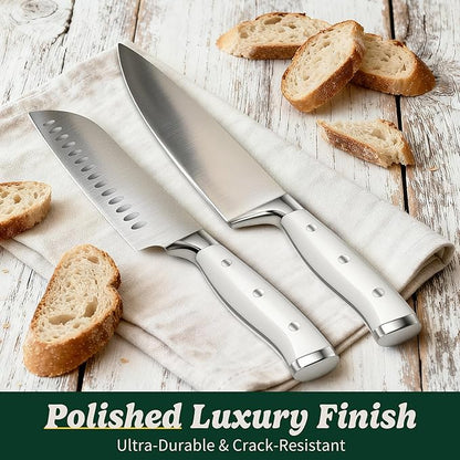 Knife Set, 15 Piece Premium Chef High Carbon Stainless Steel Kitchen Knife Block Set, Razor-sharp, Ergonomic Forged Triple Rivet Handle, Professional Knife Set for Kitchen, Dishwasher Safe(White) - Image 7