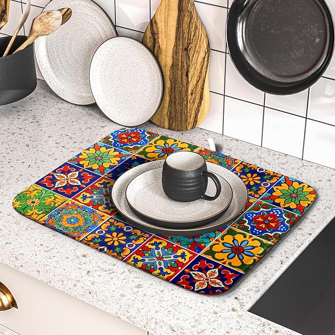 Mexican Tiles Dish Drying Mat for Kitchen Counter Absorbent Microfiber Dish Drying Pad Kitchen Gadgets Multi-use - Image 5