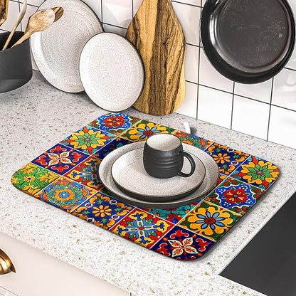 Mexican Tiles Dish Drying Mat for Kitchen Counter Absorbent Microfiber Dish Drying Pad Kitchen Gadgets Multi-use - Image 5