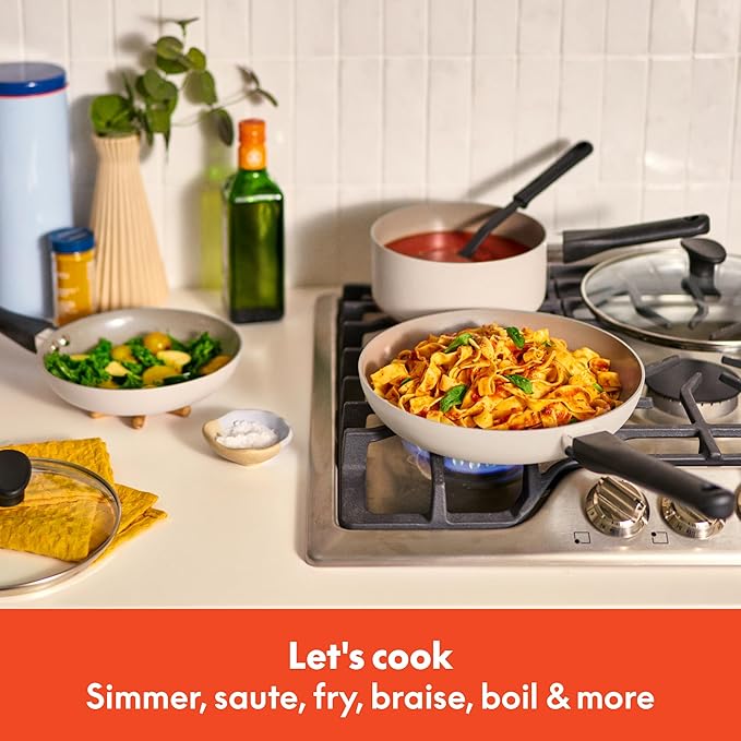 bella 12 Piece Cookware Set with EverGood™ Ceramic Nonstick Coating​, Dishwasher & Oven Safe, All Stovetops Compatible, Tempered Glass Lids and Cool Touch Handles, Oatmilk - Image 4