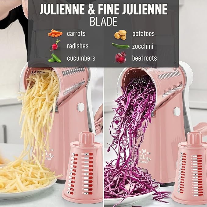 Zulay Kitchen Rotary Cheese Grater 5 Blade Cheese Shredder - Manual Hand Crank Cheese Grater With Reinforced Suction & 5 Interchangeable Drums - Easy to Use, Vegetable Chopper Round Mandoline Slicer - Image 6