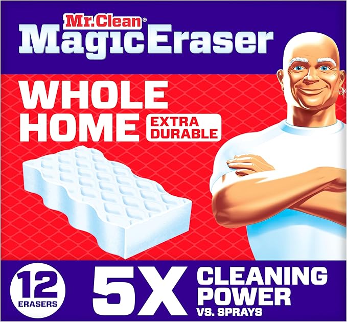 Mr. Clean Magic Eraser Sponge, All Purpose Cleaner, Cleaning Scrubber, Wall, Sneaker, Kitchen, Bathroom, Shower Cleaning Supplies, Melamine Sponge, Cleaning Pads, Whole Home Extra Durable, 12ct by MrClean