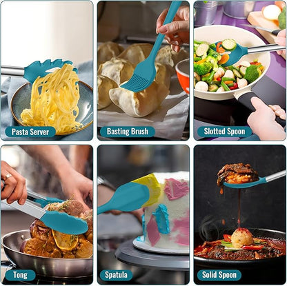 E-far 14 Pieces Silicone Cooking Utensils Set, Kitchen Utensils Set with Holder, Spatula, Ladle, Spoon, Tong, Slotted Turner for Nonstick Cookware, 446°F Heat Resistant & Stainless Steel Handle, Blue - Image 6