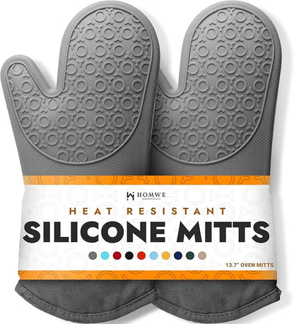BPA-Free Soft Silicone Oven Mitts - Ultra Heat Resistant Oven Mitts with Thick Cotton Liner - Long Slip Resistant Pot Holders, Flexible Oven Gloves - Gray 13.7" by HOMWE