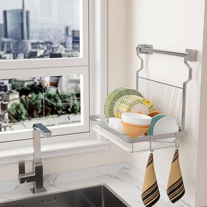 TQVAI Over Sink Dish Drainer Drying Rack, Stainless Steel Foldable Wall Mounted Dish Racks with Drainboard Hanging Rod and Sponge Holder, Silver - Image 4