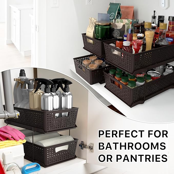 Simple Houseware 2 Tier Bathroom Organizer Tray Pull-Out Sliding Drawer, Under Sink Storage, Brown - Image 9