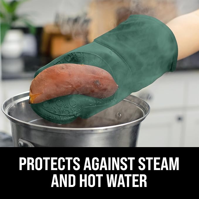 BPA-Free Silicone Oven Mitts Ultra Heat Resistant up to 500°F - Oven Mitts with Thick Cotton Liner - Long Slip Resistant Pot Holders, Flexible Oven Gloves - Green 13.7 - Image 4
