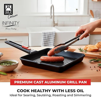 BRA COOKWARE Infinity Nonstick Ribbed Grill Pan (11x11 Inch) | Cast Aluminum Searing Skillet | Removable Handle | PFOA/PFAS Free Square Griddle | All Cooktops (incl Induction) Grilling Skillet