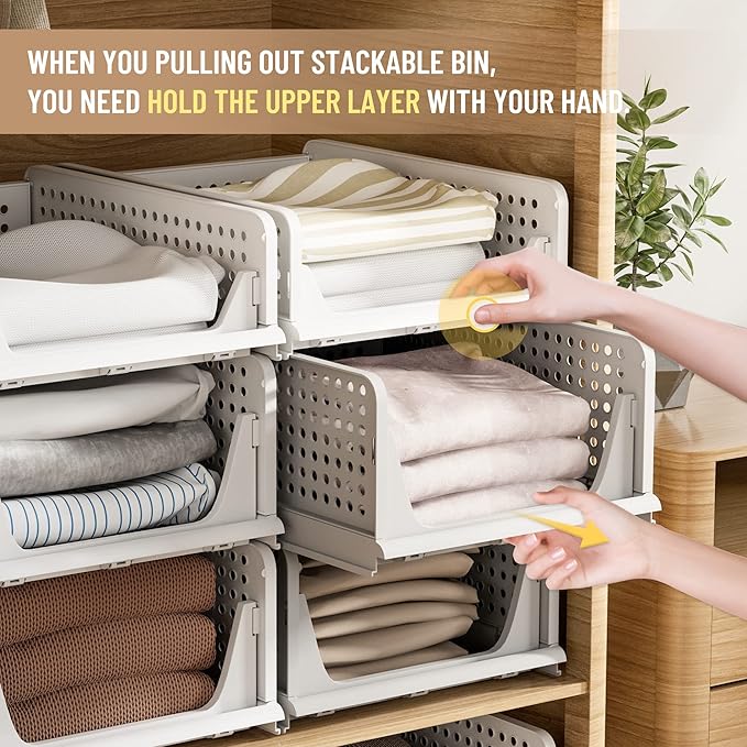 Pinkpum 6 Pack Closet Organizers Storage Bins, Stackable Plastic Drawer Basket for Clothing, Stackable Storage Bins Shelf Storage Container for Closet Wardrobe Bedroom Bathroom Office White - Image 9