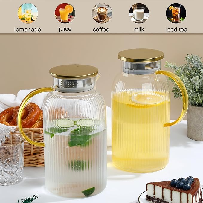 2 PACK Glass Pitcher with Lid, 68oz/2Liter Borosilicate Glass Water Pitcher, Heat Resistant Vertical Striped Water Carafe for Iced Tea, Fruit Tea, and Hot Beverages, Dishwasher Safe
