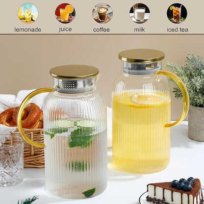 2 PACK Glass Pitcher with Lid, 68oz/2Liter Borosilicate Glass Water Pitcher, Heat Resistant Vertical Striped Water Carafe for Iced Tea, Fruit Tea, and Hot Beverages, Dishwasher Safe