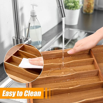Bellsal Large Premium Acacia Wood Silverware Organizer - Expandable Utensil Drawer Organizer - 17"x19.6" Utensil Holder and Cutlery Tray with Grooved for Kitchen Flatware Utensils(7-9 Slot, Acacia) - Image 6