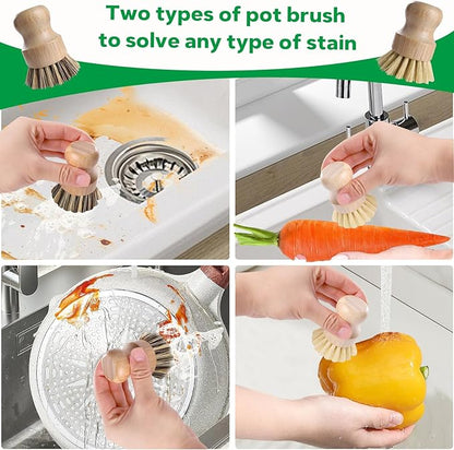 Bamboo Dish Brush Set - 5 Packs Natural Wooden Kitchen Brush, 4 Dish Scrubbers with One Replacement Head, Cleaning for Pots, Bottles and Vegetables - Image 5