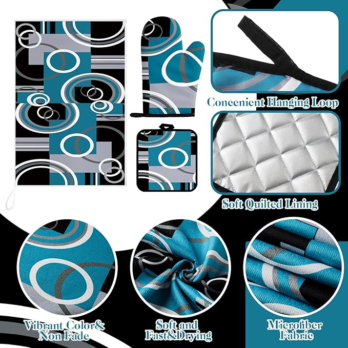 Jingmore 6 Pcs Kitchen Decor Set Accessory Farmhouse Kitchen Towels Pot Holders Oven Mitts Set 2 Dish Towels 2 Pot Holders 2 Cooking Mittens Oven Glove for Cooking(Teal,White, Gray,Geometric) - Image 6