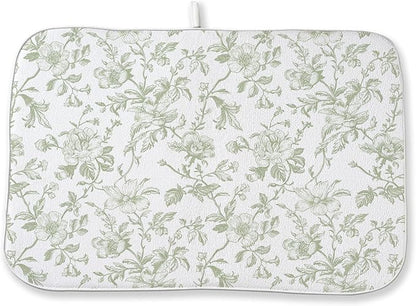 Sage Green Floral Dish Drying Mat 18 x 24 Inch Vintage Light Green Floral Drying Mat for Kitchen Counter Absorbent Spring Summer Flowers Dishes Dry Pad for Drainer Rack Kitchen Fast Dry