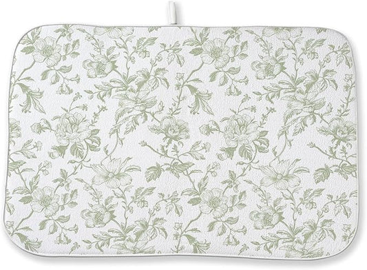 Sage Green Floral Dish Drying Mat 18 x 24 Inch Vintage Light Green Floral Drying Mat for Kitchen Counter Absorbent Spring Summer Flowers Dishes Dry Pad for Drainer Rack Kitchen Fast Dry