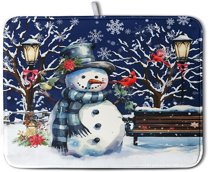 Winter Snowman Dish Drying Mat for Kitchen Counter 18x24, Xmas Snowflakes Dish Drainer Mat Snowy Night Drying Kitchen Mats Cardinal Birld Dish Pad Absorbent Reversible Coffee Mats for Dishes by Kwlegh