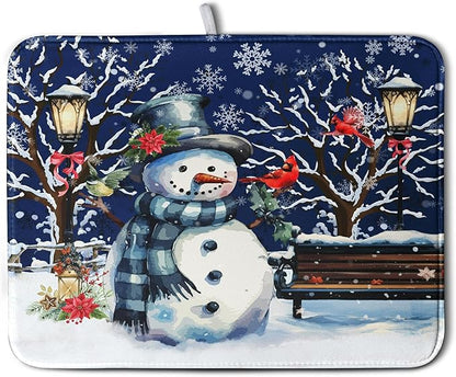 Winter Snowman Dish Drying Mat for Kitchen Counter 18x24, Xmas Snowflakes Dish Drainer Mat Snowy Night Drying Kitchen Mats Cardinal Birld Dish Pad Absorbent Reversible Coffee Mats for Dishes by Kwlegh