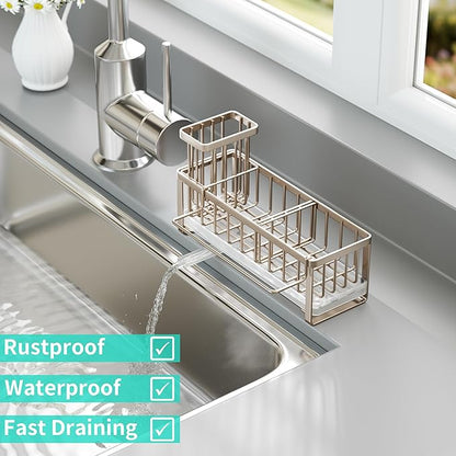 HapiRm Sponge Holder for Kitchen Sink - Self-draining Sink Caddy with Brush Holder and Dishcloth Holder, Stainless Steel Kitchen Organizer for Countertop - Brushed Nickel - Image 5