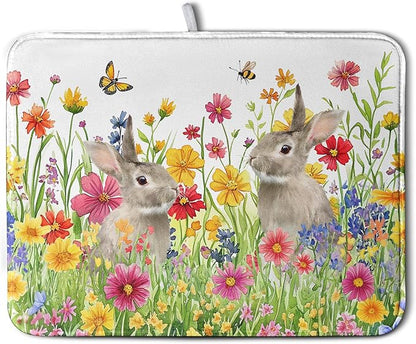 Easter Dish Drying Mat for Kitchen Counter Easter Bunny Flowers Dish Drying Pad Spring Rabbit Floral Dishes Drainer Mats Absorbent Microfiber Kitchen Countertop Protector Drying Mats 18x24 in by Kwlegh