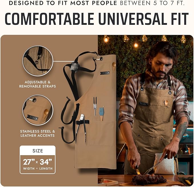 Asaya Chef and BBQ Apron with Bottle Opener and Hand Towel - 10oz Cotton Canvas, Stainless Steel Hardware - Cross Back Straps - Image 5