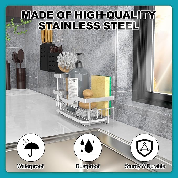 Vanwood Kitchen Sink Caddy Organizer Sponge Holder for Kitchen Sink, Rustproof Dish Soap Sponge Caddy for Counter with Detachable Brush Holder & Drain Tray - Storage Home & Cocina Accesorios, SILVER - Image 3