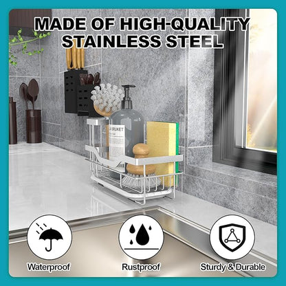 Vanwood Kitchen Sink Caddy Organizer Sponge Holder for Kitchen Sink, Rustproof Dish Soap Sponge Caddy for Counter with Detachable Brush Holder & Drain Tray - Storage Home & Cocina Accesorios, SILVER - Image 3