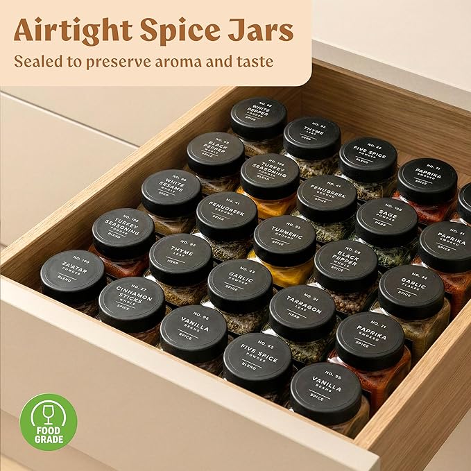EDELHAUS Glass Spice Jars with Labels (24 x 4oz) Spice Containers with 240 Labels, Shaker Inserts, Funnel, Empty Square Empty Square Seasoning Organizer (Black Lids) - Image 9